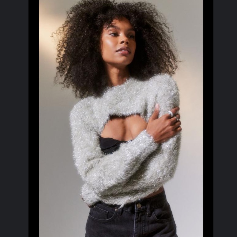 Urban Outfitters Aimee Fluffy Sparkle Shrug Super Cropped Sweater New